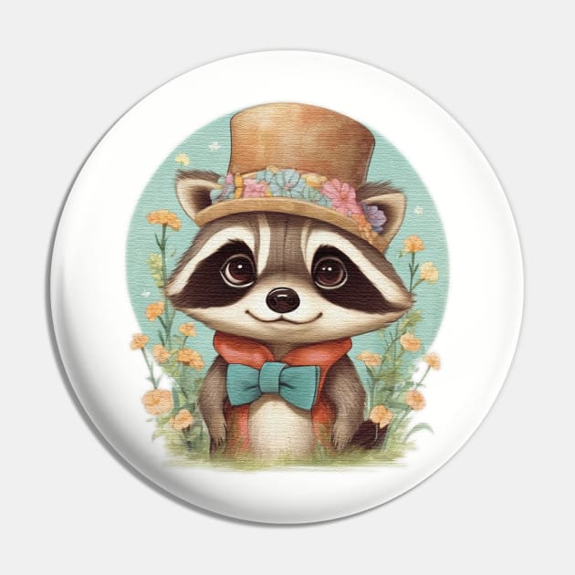 cute little racoon wearing a hat and a bow tie Pin by JnS Merch Store