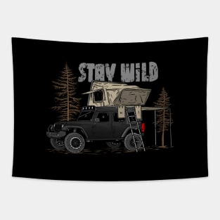 Stay Wild Jeep Camp - Adventure Black Jeep Camp Stay Wild for Outdoor Jeep enthusiasts Tapestry