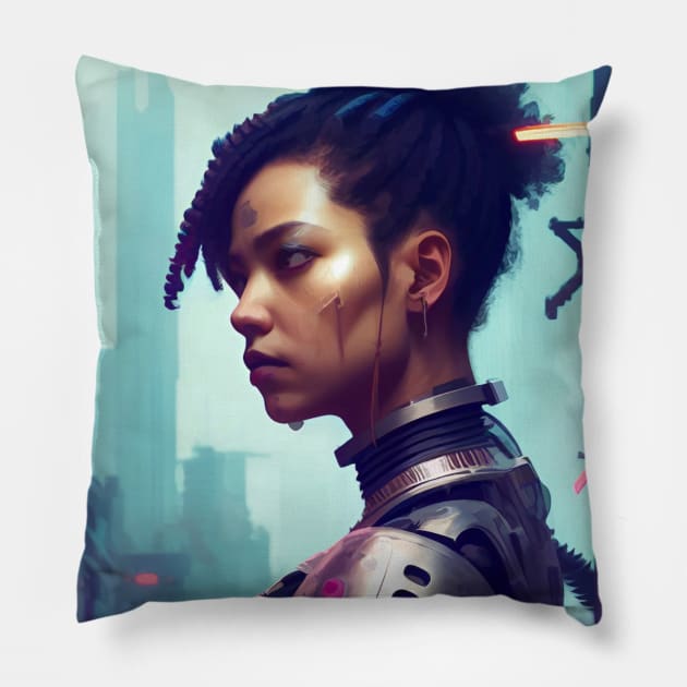Abstract Cyberpunk Female Cyborg Pillow by Voodoo Production