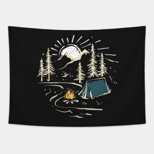 Camping under the moon - hand drawn Tapestry