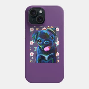 Cute BLACK PUG PUPPY with Vintage Flowers by Robert Phelps Phone Case