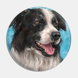 Painting of a Smiling Black and White Border Collie Dog on a Blue Background Pin