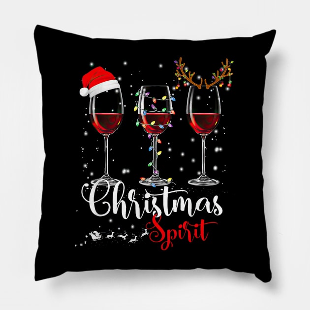 Christmas Spirit Funny Glasses Of Wine Santa Hat Reindeer Pillow by cyberpunk art