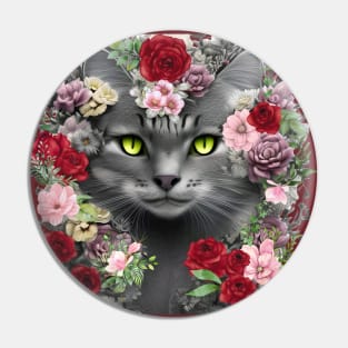 Beautiful Floral Gray Cat Pin