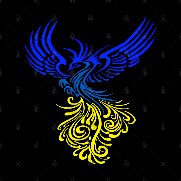 Blue Yellow Artistic Phoenix Illustration by taiche