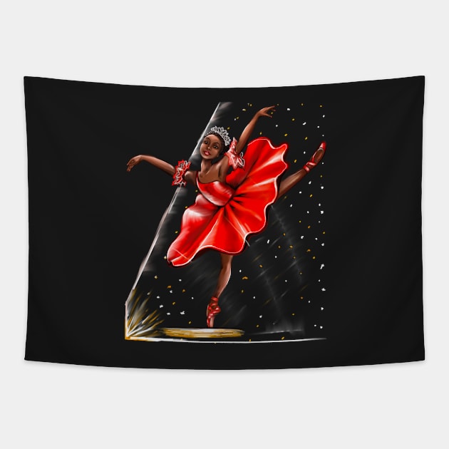 Ballet, African American ballerina in red pointe shoes, dress and crown 2 - ballerina doing pirouette in red tutu and red shoes  - brown skin ballerina Tapestry by Artonmytee