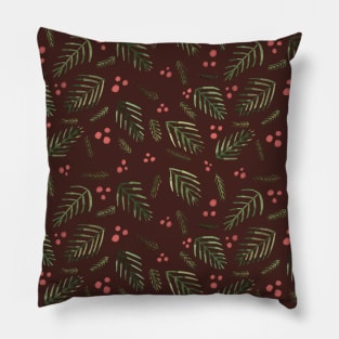 Christmas tree branches and berries - brown and sap green Pillow