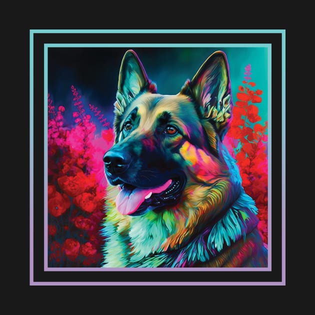 Excited German Shepherd Floral Vibrant Tropical Digital Oil Painting Pet Portrait by ArtHouseFlunky