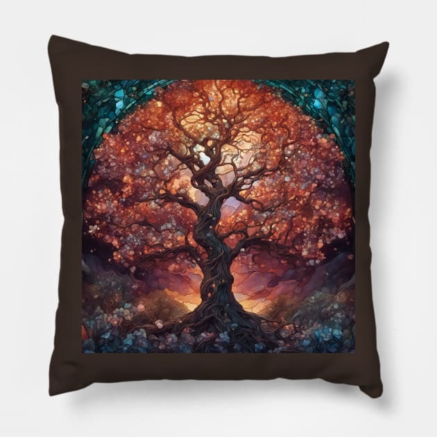 Stained Glass Glowing Gnarled Apple Tree Pillow by Chance Two Designs