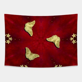 gold butterflies and flowers on red kaleidoscope Tapestry