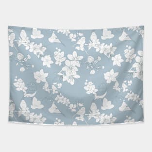 Flowers pattern with Birds in pastel color line art. Tapestry