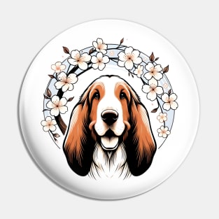 Basset Fauve de Bretagne Delights in Spring Cherry Blossoms Pin