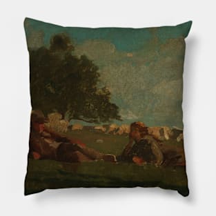 Boy and Girl in a Field with Sheep by Winslow Homer Pillow