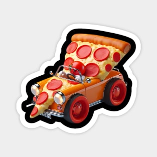 A slice of pizza driving a tiny pizza-shaped car Magnet