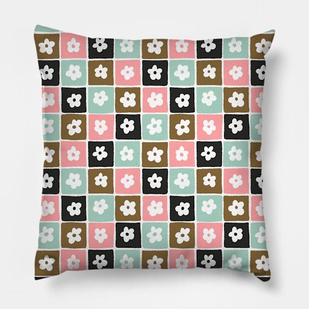 Checkered Flower Pattern - pale pink and mint Pillow by SRSigs