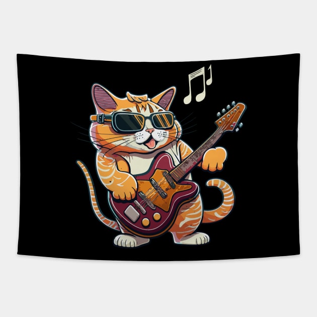 Cat Playing Guitar Vintage Retro Cute Cat And Guitar Lover Tapestry by rhazi mode plagget