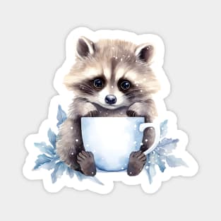 Cute raccoon with a cup of coffee watercolor Magnet