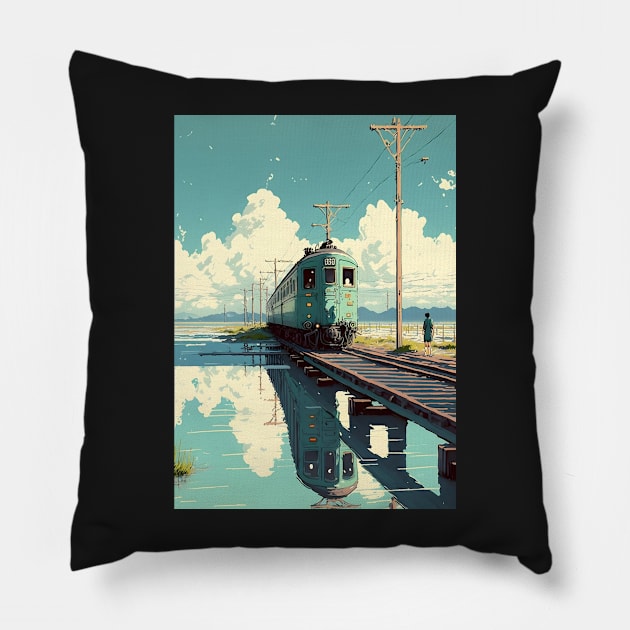 Retro Anime Style Night View Old Japanese Train Pillow by KaPrints