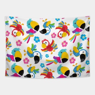 Colorful Parrots, Tropical Parrots, Birds, Flowers Tapestry