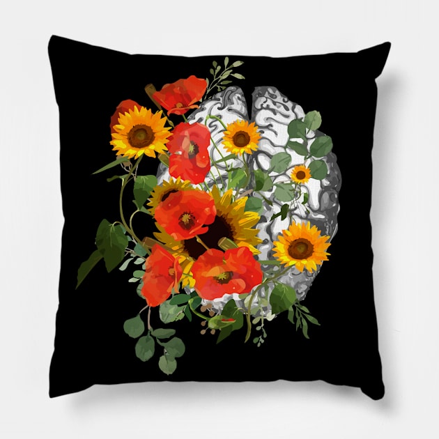 Poppie sunflowers Color human brain watercolor Pillow by Collagedream