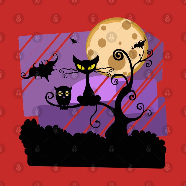 Halloween Night Owl & Cat & Bat by holidaystore