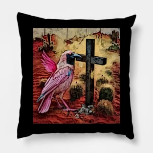 watercolor pink crow beside cross Pillow