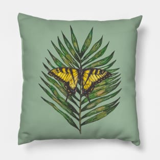 Green tropical leaf with butterfly Pillow