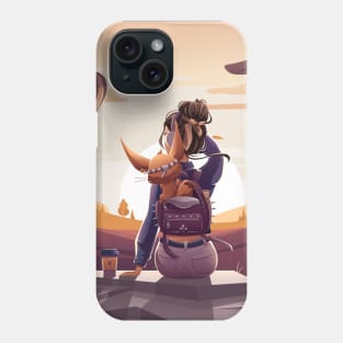 Illustration of a girl with a fox cub looking at the sunset Phone Case