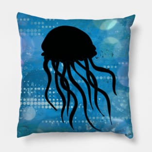 Jellyfish Silhouette on a Blue Abstract Background Pillow