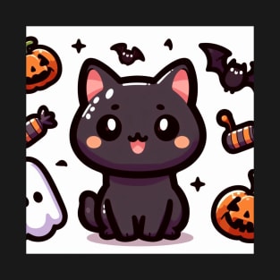 Cute black kitty cat smiling halloween candy ghost happy T-Shirt