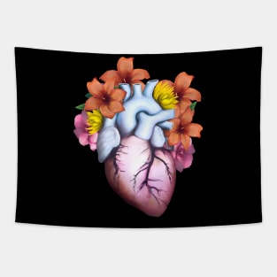 Human Heart in love, vintage effect watercolor orange flowers, Heart, anatomical Human heart Tapestry