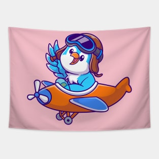 Cute Bird Riding Airplane Cartoon Tapestry