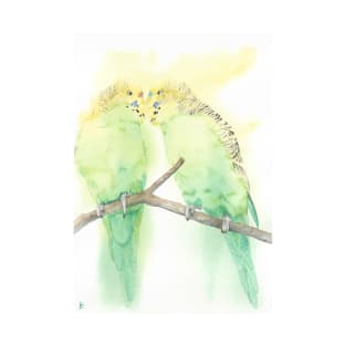 Budgies couple kiss watercolor portrait T-Shirt