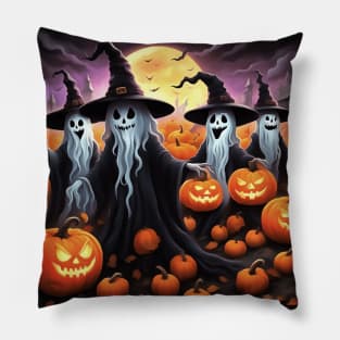 Fun Halloween Ghost Wearing Witches Hats With Jack O Lanterns Pillow