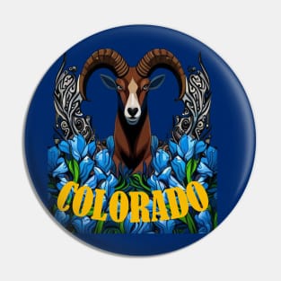 Colorado Bighorn Sheep With Blue Columbine Flowers Pin