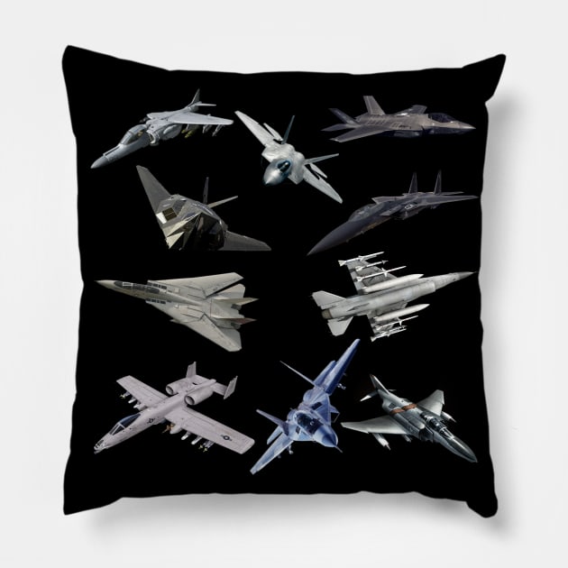 F22 Raptor F18 Hornet F14 Tomcat F15 Eagles US Fighter Jets Pillow by F&L Design Co.