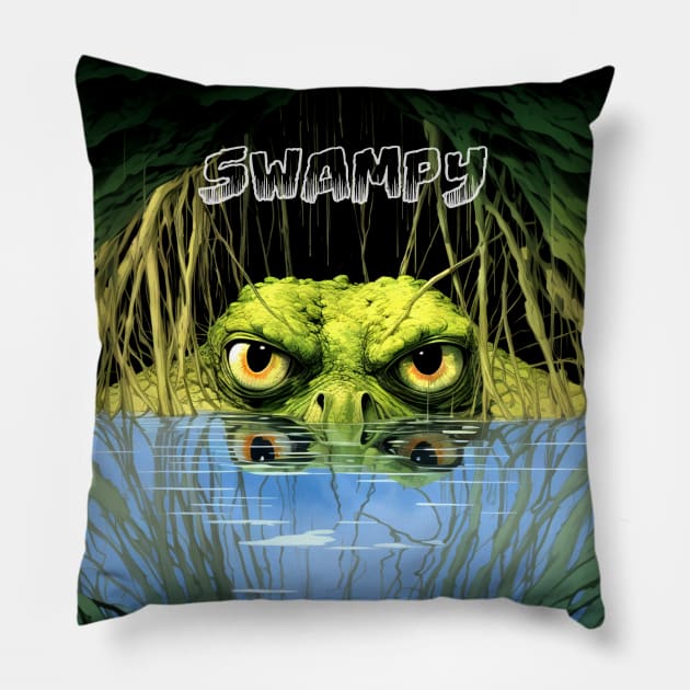 "Swampy": Government Dysfunction on a Dark Background Pillow by Puff Sumo