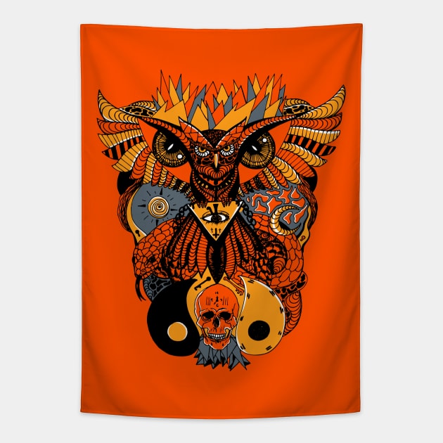 Orangrey Owl And Ageless Skull Tapestry by kenallouis