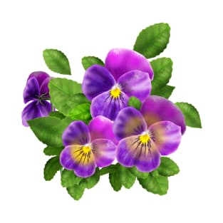 Beautiful Pansy Flowers Violet Viola Tricolor Floral Pattern. Watercolor Hand Drawn Decoration. Spring colorful pansies in bloom garden flowers. T-Shirt