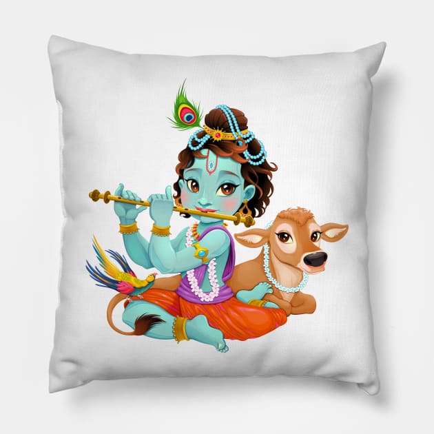 Baby Krishna with sacred cow Pillow by ddraw