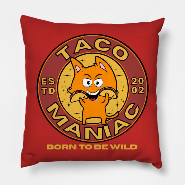 Taco Maniac Crazy Funny Cat Pillow by DesignArchitect