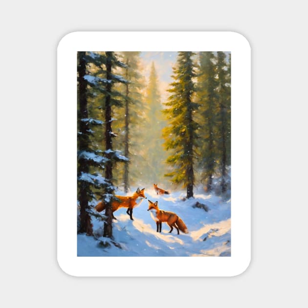 Foxes in the Snow - Oil Painting Winter Scene Magnet by Free Spirits & Hippies