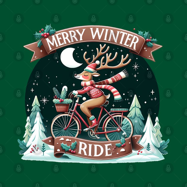 Merry Winter Ride - Christmas reindeer on a bicycle by PrintSoulDesigns