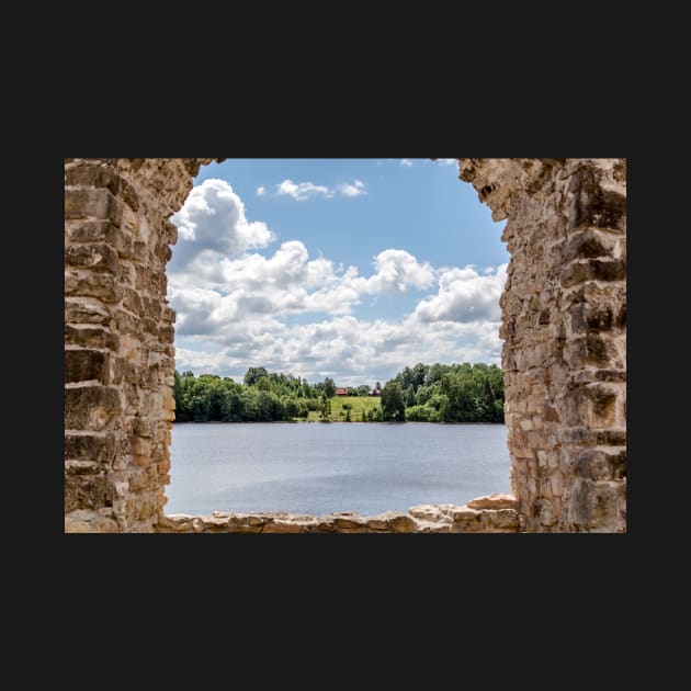 View to the river through ruins of Koknese Castle by lena-maximova