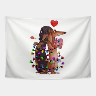 Dachshund Couple With Color Lights Happy Valentine's Day Tapestry