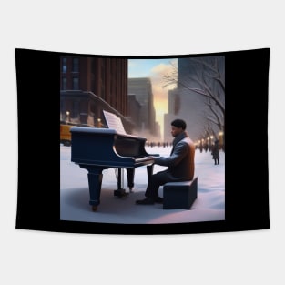 A Pianist Performing On The Streets Of Chicago USA In Winter Tapestry