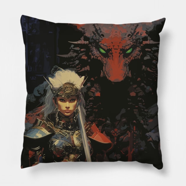 Dark Fantasy Woman Dragon Pillow by Ray Crimson