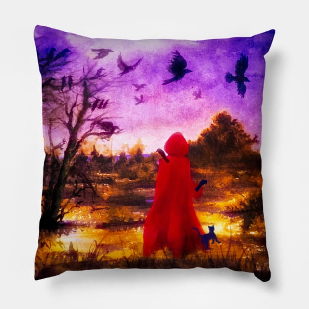 Red witch on the swamp Pillow by ArtDreamStudio