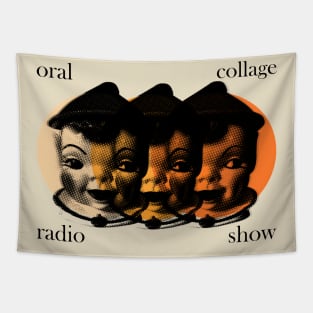 Orange Elf Heads - Black Text | Oral Collage Radio Show Tapestry