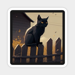 Black Cat on fence sticker Magnet